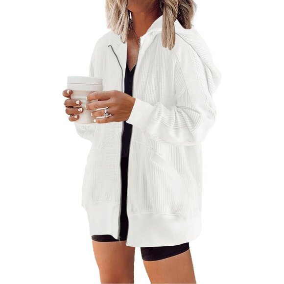Women's Oversized Zip Up Hoodie Waffle Knit Shirt Fall Shackets with Pockets